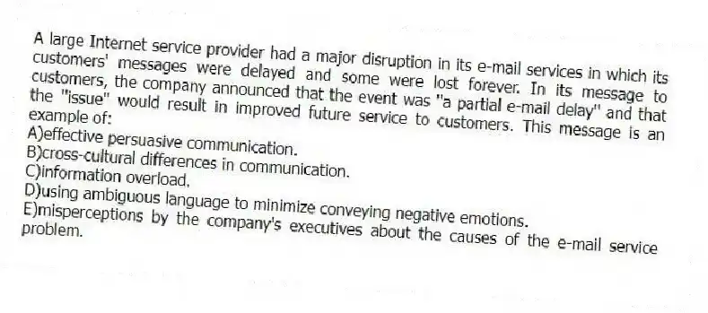 A large Internet service provider had a major disruption in its e-mail services in which its customers' messages were delayed and some were lost forever. In its message to customers, the company announced that the event was ''a partial e-mail delay'' and that the ''issue'' would result in improved future service to customers. This message is an example of:
A)effective persuasive communication.
B)cross-cultural differences in communication.
C)information overload.
D)using ambiguous language to minimize conveying negative emotions.
E)misperceptions by the company's executives about the causes of the e-mail service problem.