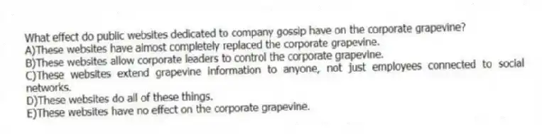 What effect do public websites dedicated to company gossip have on the corporate grapevine?
A)These websites have almost completely replaced the corporate grapevine.
B)These websites allow corporate leaders to control the corporate grapevine.
C)These websites extend grapevine information to anyone, not just employees connected to social networks.
D)These websites do all of these things.
E)These websites have no effect on the corporate grapevine.