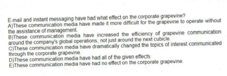 E-mail and instant messaging have had what effect on the corporate grapevine?
A)These communication media have made it more difficult for the grapevine to operate without the assistance of management.
B)These communication media have increased the efficiency of grapevine communication around the company's global operations, not just around the next cubicle.
C)These communication media have dramatically changed the topics of interest communicated through the corporate grapevine.
D)These communication media have had all of the given effects.
E)These communication media have had no effect on the corporate grapevine.