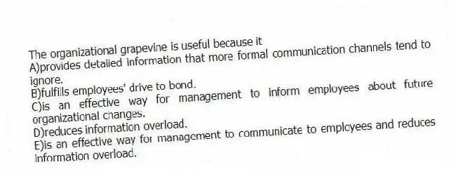 The organizational grapevine is useful because it
A)provides detailed information that more formal communication channels tend to ignore.
B)fulfills employees' drive to bond.
C)is an effective way for management to inform employees about future organizational changes.
D)reduces information overload.
E)is an effective way for management to communicate to employees and reduces information overload.