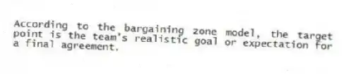 According to the bargaining zone model, the target point is the team's realistic goal or expectation for a final agreement.