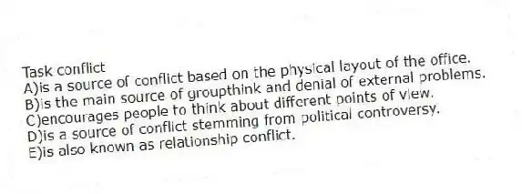 Task conflict
A)is a source of conflict based on the physical layout of the office.
B)is the main source of groupthink and denial of external problems.
C)encourages people to think about different points of view.
D)is a source of conflict stemming from political controversy.
E)is also known as relationship conflict.