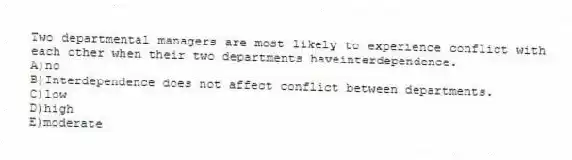 Two departmental managers are most likely to experience conflict with each other when their two departments haveinterdependence.
A)no
B)Interdependence does not affect conflict between departments.
C)low
D)high
E)moderate