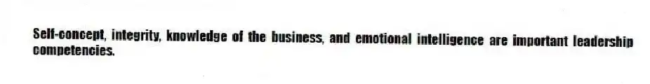 Self-concept, integrity, knowledge of the business, and emotional intelligence are important leadership competencies.