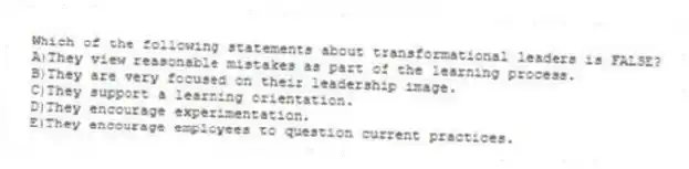 Which of the following statements about transformational leaders is FALSE?
A)They view reasonable mistakes as part of the learning process.
B)They are very focused on their leadership image.
C)They support a learning orientation.
D)They encourage experimentation.
E)They encourage employees to question current practices.