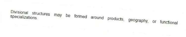 Divisional structures may be formed around products, geography, or functional specializations.