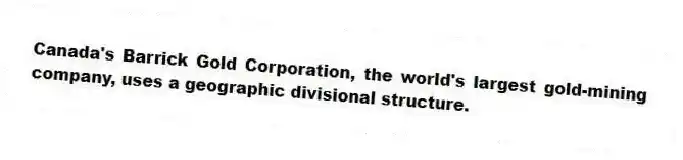 Canada's Barrick Gold Corporation, the world's largest gold-mining company, uses a geographic divisional structure.