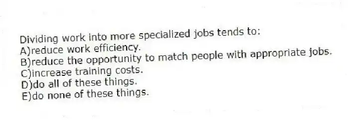 Dividing work into more specialized jobs tends to:
A)reduce work efficiency.
B)reduce the opportunity to match people with appropriate jobs.
C)increase training costs.
D)do all of these things.
E)do none of these things.