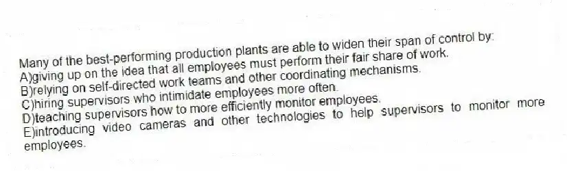 Many of the best-performing production plants are able to widen their span of control by:
A)giving up on the idea that all employees must perform their fair share of work.
B)relying on self-directed work teams and other coordinating mechanisms.
C)hiring supervisors who intimidate employees more often.
D)teaching supervisors how to more efficiently monitor employees.
E)introducing video cameras and other technologies to help supervisors to monitor more employees.