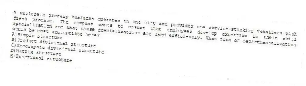 A wholesale grocery business operates in one city and provides one service-stocking retailers with fresh produce. The company wants to ensure that employees develop expertise in their skill specialization and that these specializations are used efficiently. What form of departmentalization would be most appropriate here?
A)Simple structure
B)Product divisional structure
C)Geographic divisional structure
D)Matrix structure
E)Functional structure