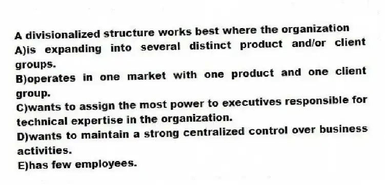 A divisionalized structure works best where the organization
A)is expanding into several distinct product and/or client groups.
B)operates in one market with one product and one client group.
C)wants to assign the most power to executives responsible for technical expertise in the organization.
D)wants to maintain a strong centralized control over business activities.
E)has few employees.