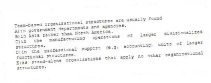 Team-based organizational structures are usually found
A)in government departments and agencies.
B)in Asia rather than North America.
C)in the manufacturing operations of larger divisionalized structures.
D)in the professional support (e.g. accounting) units of larger functional structures.
E)as stand-alone organizations that apply no other organizational structures.