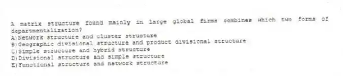 A matrix structure found mainly in large global firms combines which two forms of departmentalization?
A)Network structure and cluster structure
B)Geographic divisional structure and product divisional structure
C)Simple structure and hybrid structure
D)Divisional structure and simple structure
E)Functional structure and network structure