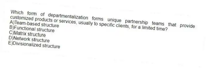 Which form of departmentalization forms unique partnership teams that provide customized products or services, usually to specific clients, for a limited time?
A)Team-based structure
B)Functional structure
C)Matrix structure
D)Network structure
E)Divisionalized structure