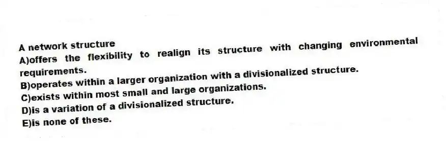 A network structure
A)offers the flexibility to realign its structure with changing environmental requirements.
B)operates within a larger organization with a divisionalized structure.
C)exists within most small and large organizations.
D)is a variation of a divisionalized structure.
E)is none of these.