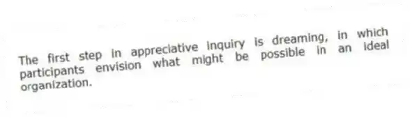 The first step in appreciative inquiry is dreaming, in which participants envision what might be possible in an ideal organization.