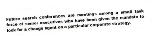 Future search conferences are meetings among a small task force of senior executives who have been given the mandate to look for a change agent on a particular corporate strategy.
