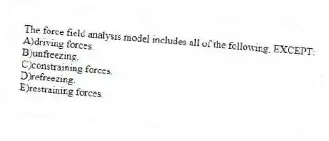 The force field analysis model includes all of the following, EXCEPT:
A)driving forces.
B)unfreezing.
C)constraining forces.
D)refreezing.
E)restraining forces.