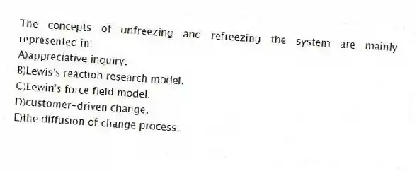 The concepts of unfreezing and refreezing the system are mainly represented in:
A)appreciative inquiry.
B)Lewis's reaction research model.
C)Lewin's force field model.
D)customer-driven change.
E)the diffusion of change process.