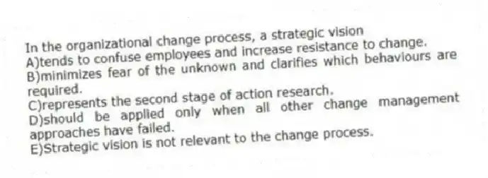 In the organizational change process, a strategic vision
A)tends to confuse employees and increase resistance to change.
B)minimizes fear of the unknown and clarifies which behaviours are required.
C)represents the second stage of action research.
D)should be applied only when all other change management approaches have failed.
E)Strategic vision is not relevant to the change process.
