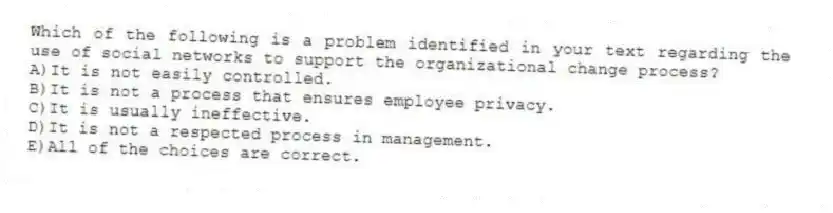 Which of the following is a problem identified in your text regarding the use of social networks to support the organizational change process?
A)It is not easily controlled.
B)It is not a process that ensures employee privacy.
C)It is usually ineffective.
D)It is not a respected process in management.
E)All of the choices are correct.