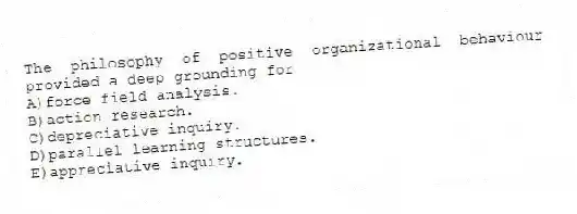 The philosophy of positive organizational behaviour provided a deep grounding for
A)force field analysis.
B)action research.
C)depreciative inquiry.
D)parallel learning structures.
E)appreciative inquiry.