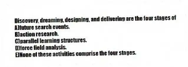 Discovery, dreaming, designing, and delivering are the four stages of
A)future search events.
B)action research.
C)parallel learning structures.
D)force field analysis.
E)None of these activities comprise the four stages.