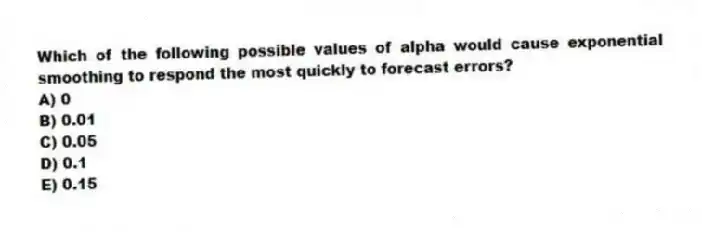 Which of the following possible values of alpha would cause exponential smoothing to respond the most quickly to forecast errors?
A) 0
B) 0.01
C) 0.05
D) 0.1
E) 0.15