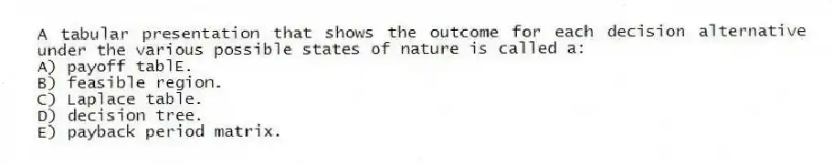 A tabular presentation that shows the outcome for each decision alternative under the various possible states of nature is called a:
A) payoff tablE.
B) feasible region.
C) Laplace table.
D) decision tree.
E) payback period matrix.