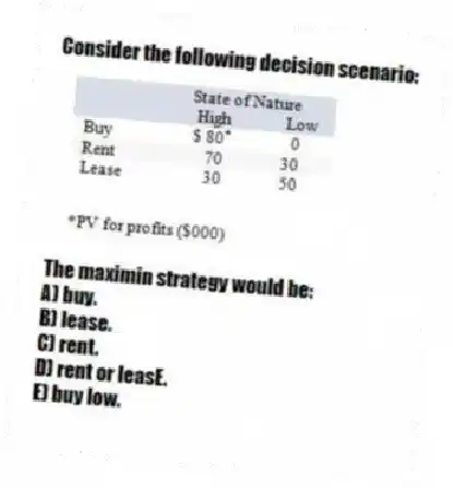 Consider the following decision scenario:
The maximin strategy would be:
A) buy.
B) lease.
C) rent.
D) rent or leasE.
E) buy low.