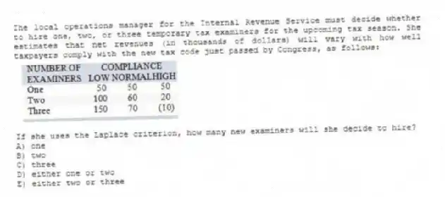 The local operations manager for the Internal Revenue Service must decide whether to hire one, two, or three temporary tax examiners for the upcoming tax season. She estimates that net revenues (in thousands of dollars) will vary with how well taxpayers comply with the new tax code just passed by Congress, as follows:
If she uses the Laplace criterion, how many new examiners will she decide to hire?
A) one
B) two
C) three
D) either one or two
E) either two or three