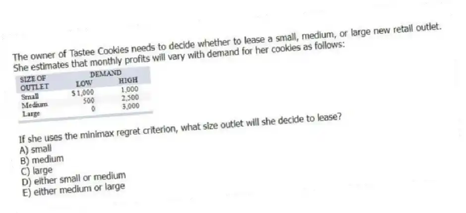 The owner of Tastee Cookies needs to decide whether to lease a small, medium, or large new retail outlet. She estimates that monthly profits will vary with demand for her cookies as follows:
If she uses the minimax regret criterion, what size outlet will she decide to lease?
A) small
B) medium
C) large
D) either small or medium
E) either medium or large