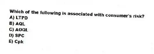 Which of the following is associated with consumer's risk?
A) LTPD
B) AQL
C) AOQL
D) SPC
E) Cpk