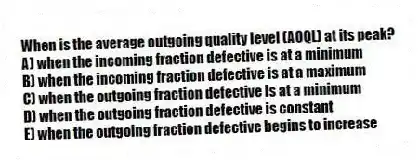 When is the average outgoing quality level (AOQL) at its peak?
A) when the incoming fraction defective is at a minimum
B) when the incoming fraction defective is at a maximum
C) when the outgoing fraction defective is at a minimum
D) when the outgoing fraction defective is constant
E) when the outgoing fraction defective begins to increase