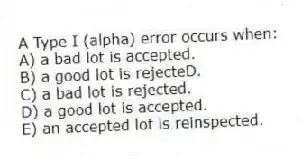 A Type I (alpha) error occurs when:
A) a bad lot is accepted.
B) a good lot is rejecteD.
C) a bad lot is rejected.
D) a good lot is accepted.
E) an accepted lot is reinspected.