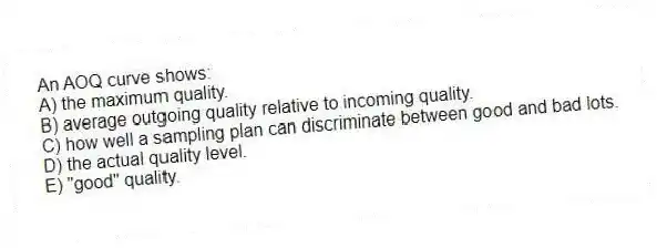 An AOQ curve shows:
A) the maximum quality.
B) average outgoing quality relative to incoming quality.
C) how well a sampling plan can discriminate between good and bad lots.
D) the actual quality level.
E) "good" quality.