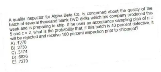 A quality inspector for Alpha-Beta Co. is concerned about the quality of the batch of several thousand blank DVD disks which his company produced this week and is preparing to ship. If he uses an acceptance sampling plan of n = 5 and c = 2, what is the probability that, if this batch is 40 percent defective, it will be rejected and receive 100 percent inspection prior to shipment?
A) .1270
B) .2730
C) .3174
D) .6826
E) .7270