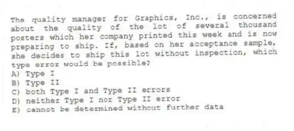 The quality manager for Graphics, Inc., is concerned about the quality of the lot of several thousand posters which her company printed this week and is now preparing to ship. If, based on her acceptance sample, she decides to ship this lot without inspection, which type error would be possible?
A) Type I
B) Type II
C) both Type I and Type II errors
D) neither Type I nor Type II error
E) cannot be determined without further data