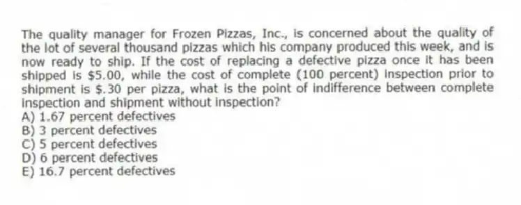 The quality manager for Frozen Pizzas, Inc., is concerned about the quality of the lot of several thousand pizzas which his company produced this week, and is now ready to ship. If the cost of replacing a defective pizza once it has been shipped is $5.00, while the cost of complete (100 percent) inspection prior to shipment is $.30 per pizza, what is the point of indifference between complete inspection and shipment without inspection?
A) 1.67 percent defectives
B) 3 percent defectives
C) 5 percent defectives
D) 6 percent defectives
E) 16.7 percent defectives