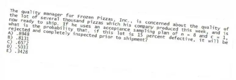 The quality manager for Frozen Pizzas, Inc., is concerned about the quality of the lot of several thousand pizzas which his company produced this week, and is now ready to ship. If he uses an acceptance sampling plan of n = 8 and c = 1, what is the probability that, if this lot is 15 percent defective, it will be rejected and completely inspected prior to shipment?
A) .8948
B) .8131
C) .6572
D) .5033
E) .3428