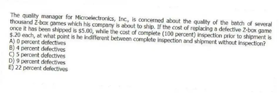 The quality manager for Microelectronics, Inc., is concerned about the quality of the batch of several thousand Z-box games which his company is about to ship. If the cost of replacing a defective Z-box game once it has been shipped is $5.00, while the cost of complete (100 percent) inspection prior to shipment is $.20 each, at what point is he indifferent between complete inspection and shipment without inspection?
A) 0 percent defectives
B) 4 percent defectives
C) 5 percent defectives
D) 9 percent defectives
E) 22 percent defectives