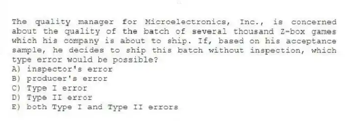 The quality manager for Microelectronics, Inc., is concerned about the quality of the batch of several thousand Z-box games which his company is about to ship. If, based on his acceptance sample, he decides to ship this batch without inspection, which type error would be possible?
A) inspector's error
B) producer's error
C) Type I error
D) Type II error
E) both Type I and Type II errors