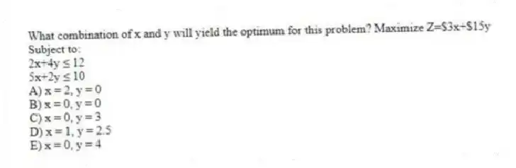 What combination of x and y will yield the optimum for this problem? Maximize Z=$3x+$15y
Subject to:
2x+4y ≤ 12
5x+2y ≤ 10
A) x = 2, y = 0
B) x = 0, y = 0
C) x = 0, y = 3
D) x = 1, y = 2.5
E) x = 0, y = 4