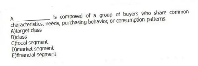A ____________ is composed of a group of buyers who share common characteristics, needs, purchasing behavior, or consumption patterns.
A)target class
B)class
C)focal segment
D)market segment
E)financial segment