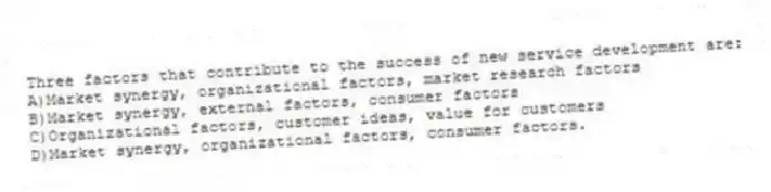 Three factors that contribute to the success of new service development are:
A)Market synergy, organizational factors, market research factors
B)Market synergy, external factors, consumer factors
C)Organizational factors, customer ideas, value for customers
D)Market synergy, organizational factors, consumer factors.