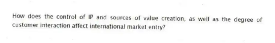 How does the control of IP and sources of value creation, as well as the degree of customer interaction affect international market entry?