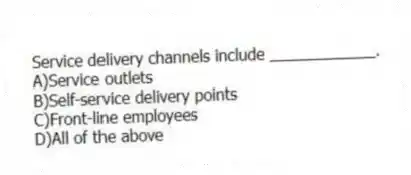 Service delivery channels include ____________.
A)Service outlets
B)Self-service delivery points
C)Front-line employees
D)All of the above