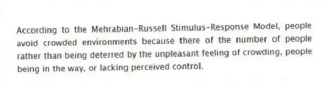 According to the Mehrabian-Russell Stimulus-Response Model, people avoid crowded environments because there of the number of people rather than being deterred by the unpleasant feeling of crowding, people being in the way, or lacking perceived control.