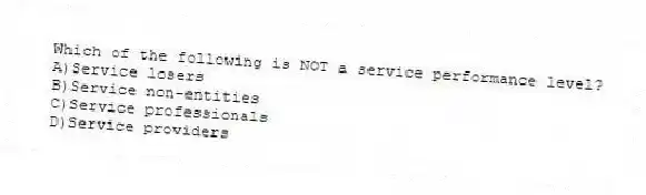 Which of the following is NOT a service performance level?
A)Service losers
B)Service non-entities
C)Service professionals
D)Service providers