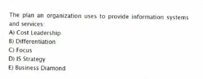The plan an organization uses to provide information systems and services:
A) Cost Leadership
B) Differentiation
C) Focus
D) IS Strategy
E) Business Diamond